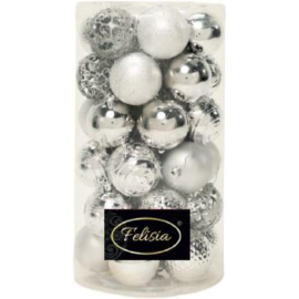 Set 36 Sfere di Natale in Plastica Ø 6 cm - Assortite con Diversi Decori - Confezione Cilindrica - Argento