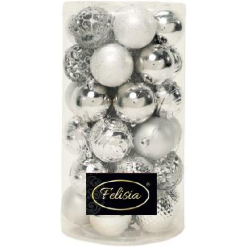 Set 36 Sfere di Natale in Plastica Ø 6 cm - Assortite con Diversi Decori - Confezione Cilindrica - Argento