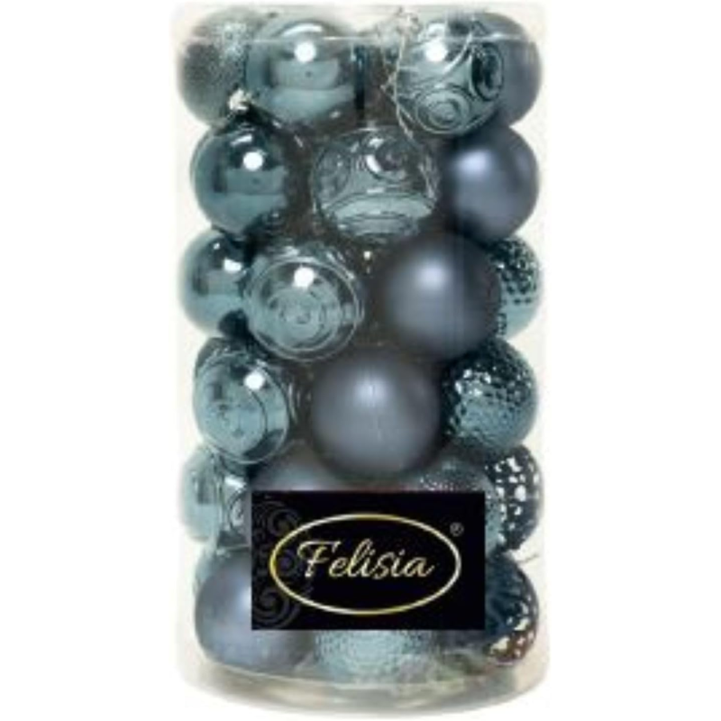 Set 36 Sfere di Natale in Plastica Ø 6 cm - Assortite con Diversi Decori - Confezione Cilindrica - Blu Navy