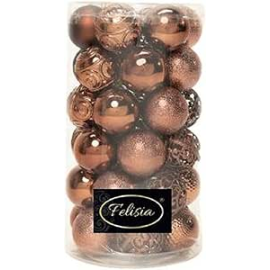 Set 36 Sfere di Natale in Plastica Ø 6 cm - Assortite con Diversi Decori - Confezione Cilindrica - Brown Coffee
