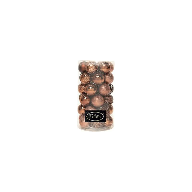 Set 36 Sfere di Natale in Plastica Ø 6 cm - Assortite con Diversi Decori - Confezione Cilindrica - Brown Coffee
