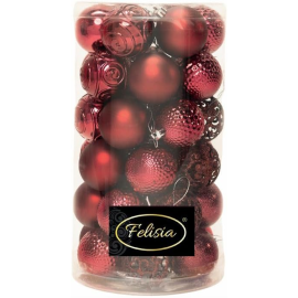 Set 36 Sfere di Natale in Plastica Ø 6 cm - Assortite con Diversi Decori - Confezione Cilindrica - Burgundy
