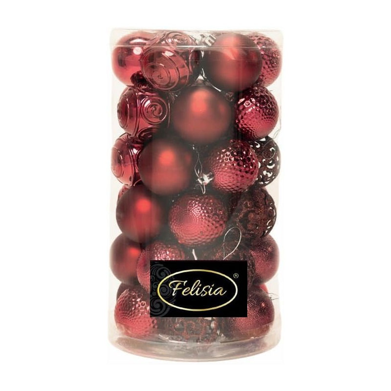Set 36 Sfere di Natale in Plastica Ø 6 cm - Assortite con Diversi Decori - Confezione Cilindrica - Burgundy