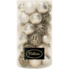 Set 36 Sfere di Natale in Plastica Ø 6 cm - Assortite con Diversi Decori - Confezione Cilindrica - Champagne