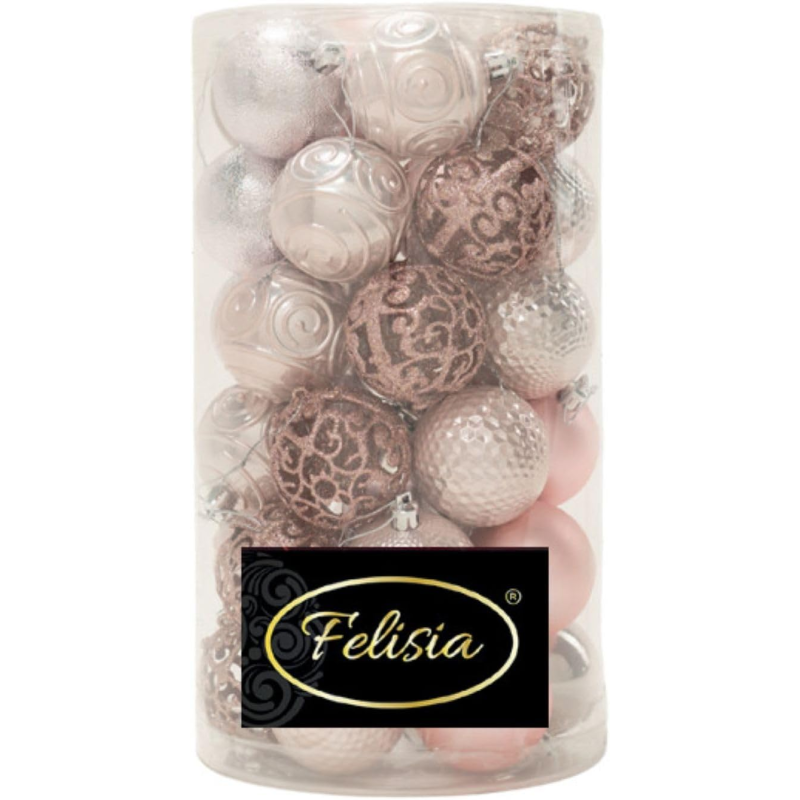 Set 36 Sfere di Natale in Plastica Ø 6 cm - Assortite con Diversi Decori - Confezione Cilindrica - Cipria