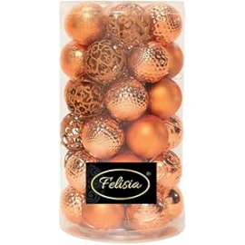 Set 36 Sfere di Natale in Plastica Ø 6 cm - Assortite con Diversi Decori - Confezione Cilindrica - Copper