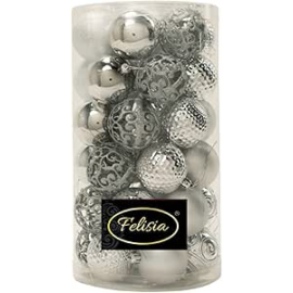 Set 36 Sfere di Natale in Plastica Ø 6 cm - Assortite con Diversi Decori - Confezione Cilindrica - Light Grey