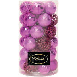 Set 36 Sfere di Natale in Plastica Ø 6 cm - Assortite con Diversi Decori - Confezione Cilindrica - Magenta