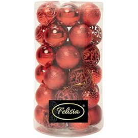 Set 36 Sfere di Natale in Plastica Ø 6 cm - Assortite con Diversi Decori - Confezione Cilindrica - Rosso