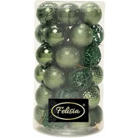 Set 36 Sfere di Natale in Plastica Ø 6 cm - Assortite con Diversi Decori - Confezione Cilindrica - Verde Albero