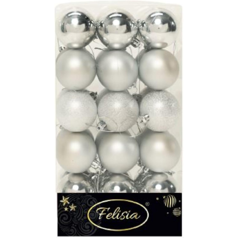 Set di 30 Sfere di Natale in Plastica Ø 6 cm - Finitura Lucida, Opaca e Increspata - Argento