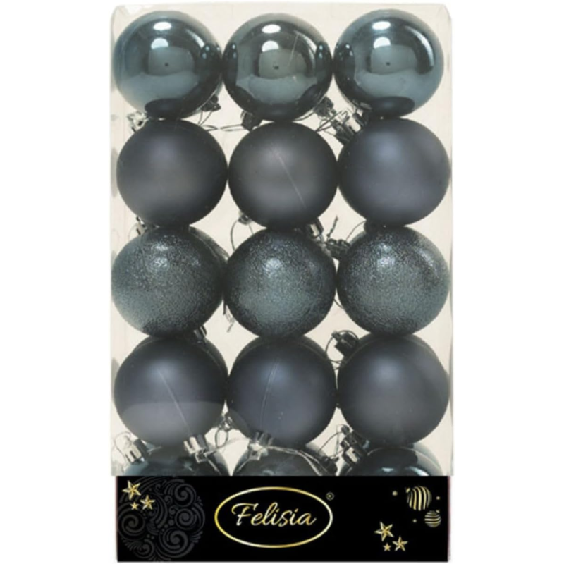 Set di 30 Sfere di Natale in Plastica Ø 6 cm - Finitura Lucida, Opaca e Increspata - Blu Navy