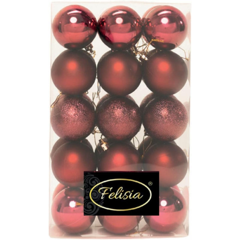 Set di 30 Sfere di Natale in Plastica Ø 6 cm - Finitura Lucida, Opaca e Increspata - Burgundy