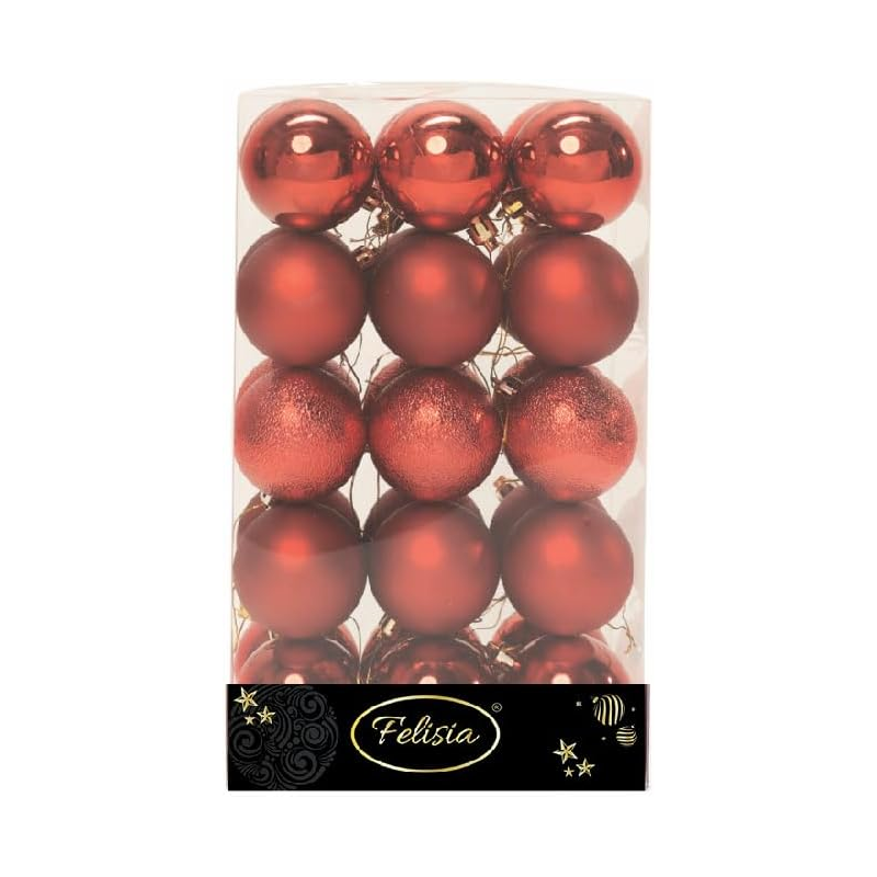 Set di 30 Sfere di Natale in Plastica Ø 6 cm - Finitura Lucida, Opaca e Increspata - Rosso