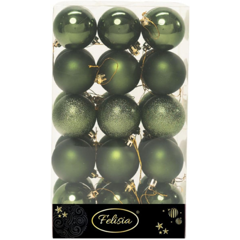 Set di 30 Sfere di Natale in Plastica Ø 6 cm - Finitura Lucida, Opaca e Increspata - Verde Albero