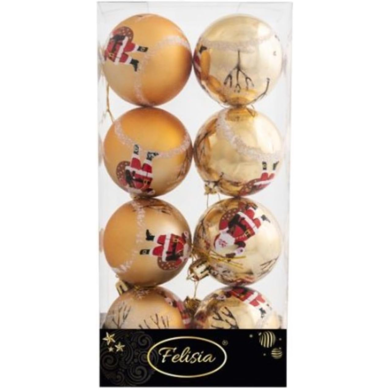 Sfere di Natale Oro con Decoro Ø 6cm - 8 Pezzi - Oro Babbo Natale