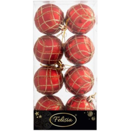 Sfere di Natale Oro con Decoro Ø 6cm - 8 Pezzi - Decoro Rosso