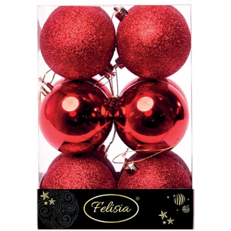 Set 12 Sfere di Natale in Plastica Ø 7Cm - Vari Colori - Rosso Lucido