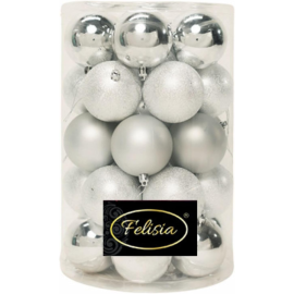 Set 34 Sfere di Natale in Plastica Ø 8 cm - Assortite (Lucide, Opache, Increspate) - Confezione a Cilindro - Argento