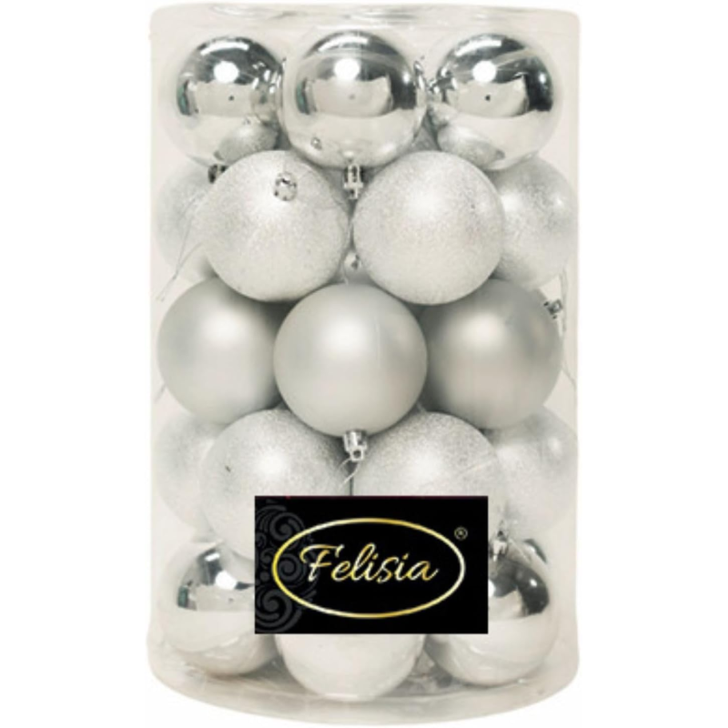 Set 34 Sfere di Natale in Plastica Ø 8 cm - Assortite (Lucide, Opache, Increspate) - Confezione a Cilindro - Argento