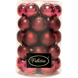 Set 34 Sfere di Natale in Plastica Ø 8 cm - Assortite (Lucide, Opache, Increspate) - Confezione a Cilindro - Burgundy