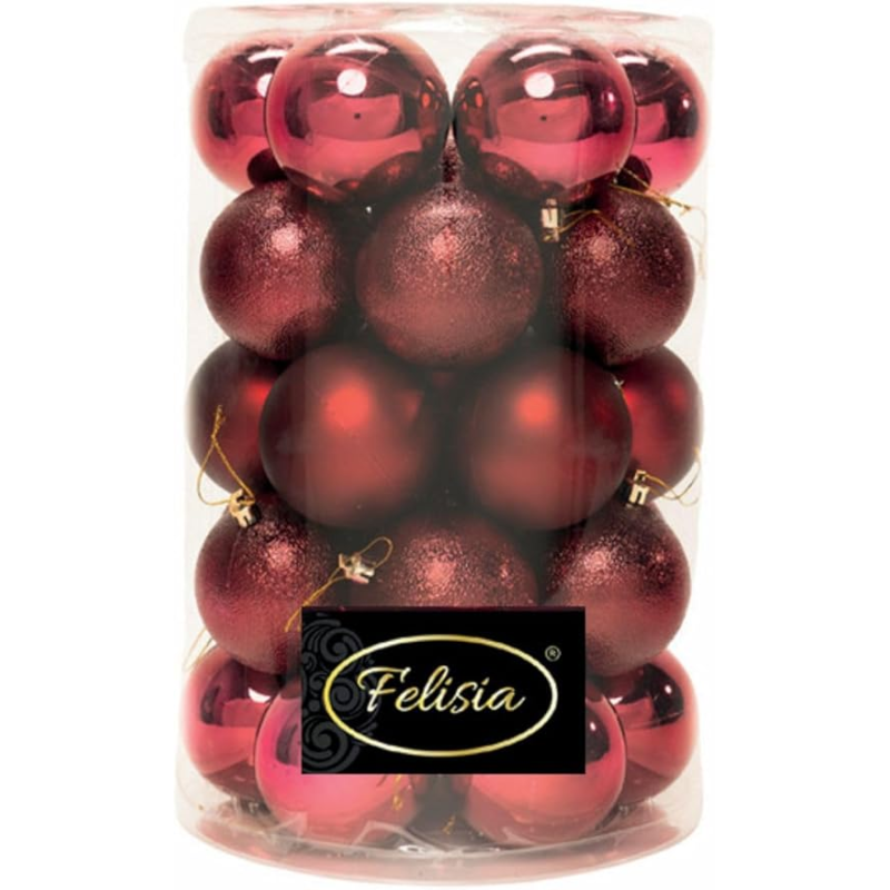 Set 34 Sfere di Natale in Plastica Ø 8 cm - Assortite (Lucide, Opache, Increspate) - Confezione a Cilindro - Burgundy