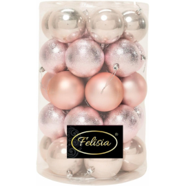 Set 34 Sfere di Natale in Plastica Ø 8 cm - Assortite (Lucide, Opache, Increspate) - Confezione a Cilindro - Cipria