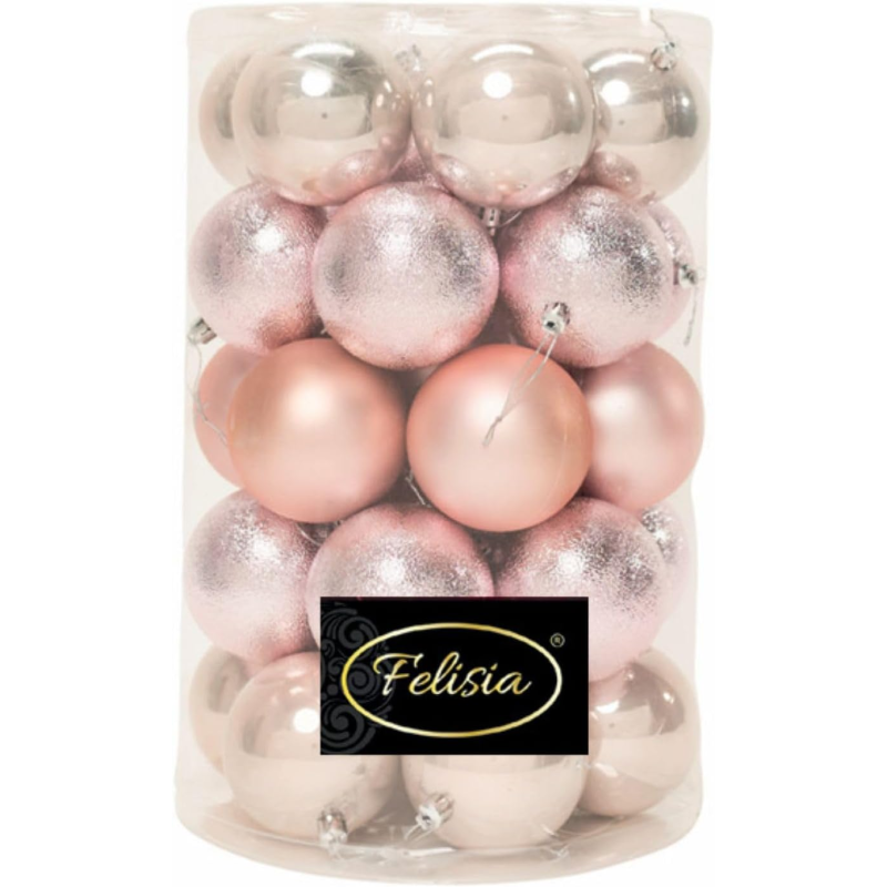 Set 34 Sfere di Natale in Plastica Ø 8 cm - Assortite (Lucide, Opache, Increspate) - Confezione a Cilindro - Cipria