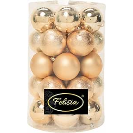 Set 34 Sfere di Natale in Plastica Ø 8 cm - Assortite (Lucide, Opache, Increspate) - Confezione a Cilindro - Oro