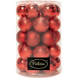 Set 34 Sfere di Natale in Plastica Ø 8 cm - Assortite (Lucide, Opache, Increspate) - Confezione a Cilindro - Rosso