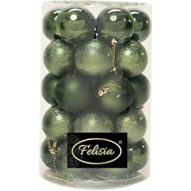 Set 34 Sfere di Natale in Plastica Ø 8 cm - Assortite (Lucide, Opache, Increspate) - Confezione a Cilindro - Verde Albero
