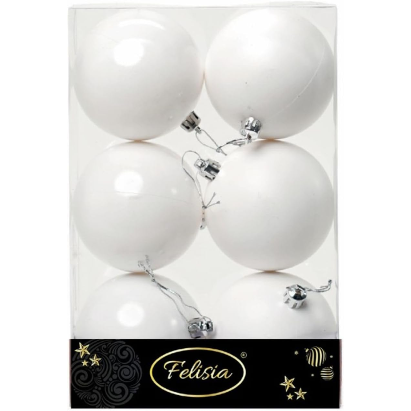 Set 6 Sfere di Natale in Plastica Ø 8Cm – Assortite Lucide e Opache – Vari Colori - Bianco