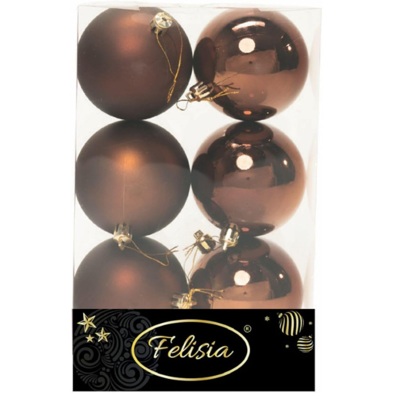 Set 6 Sfere di Natale in Plastica Ø 8Cm – Assortite Lucide e Opache – Vari Colori - Brown Coffee