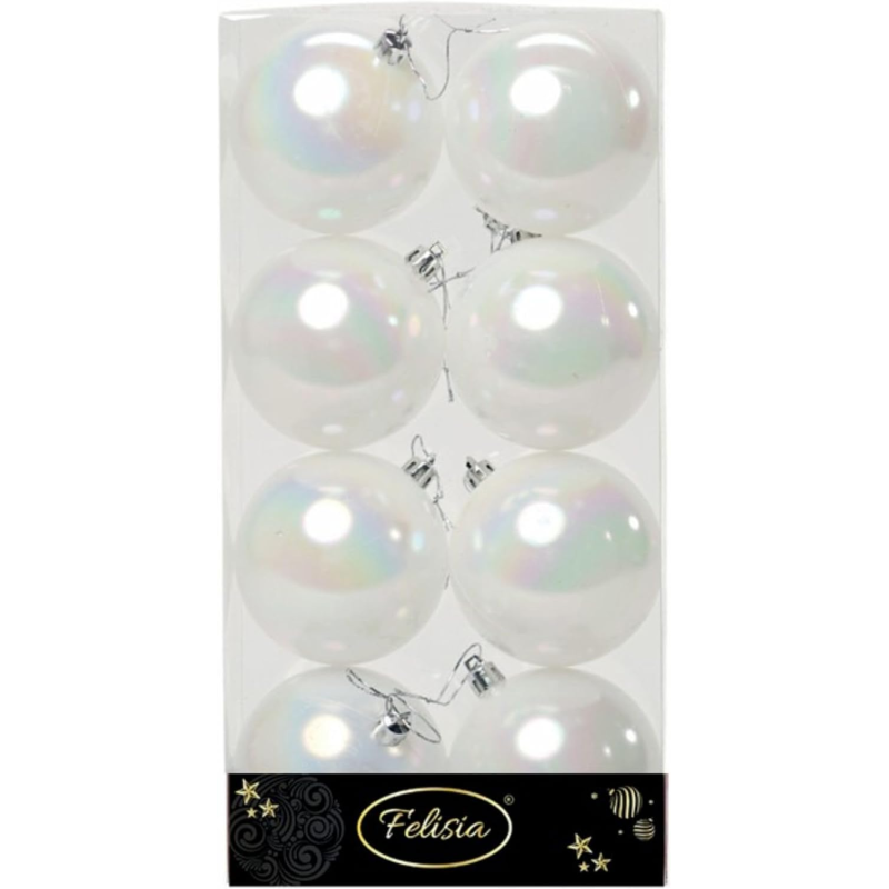 Set 8 Sfere di Natale in Plastica Lucide Ø 8Cm - Vari Colori - Bianco Iridescente