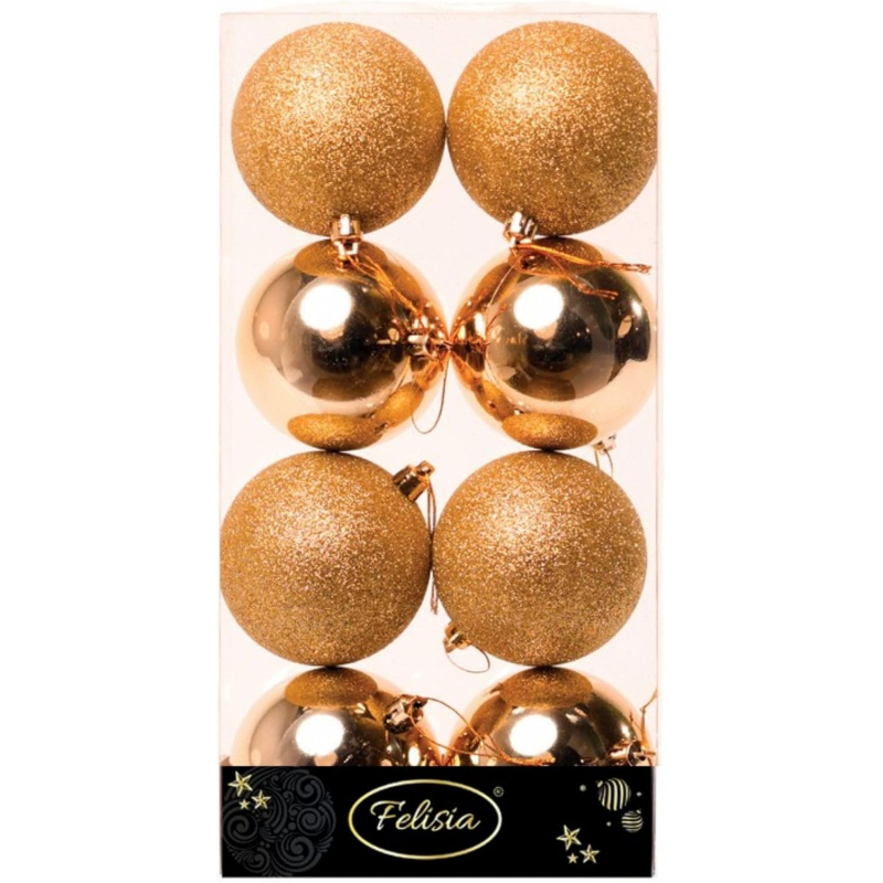 Set 8 Sfere di Natale in Plastica Ø 8Cm – Finitura Lucida e Glitterata – Vari Colori Assortiti (Oro)