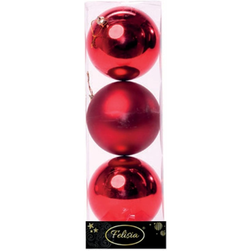 Set 3 Sfere di Natale in Plastica Ø 10Cm – Assortite Lucide e Opache – Vari Colori - Rosso