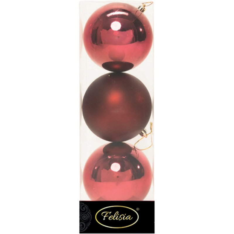 Set 3 Sfere di Natale in Plastica Ø 10Cm – Assortite Lucide e Opache – Vari Colori - Burgundy