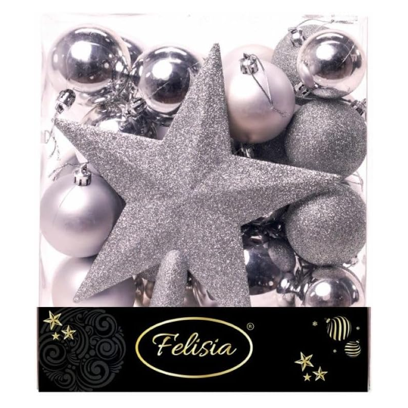 Christmas Box 31 Pezzi - Sfere di Natale in Plastica Assortite - Argento