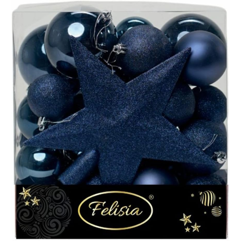 Christmas Box 31 Pezzi - Sfere di Natale in Plastica Assortite - Blu Navy