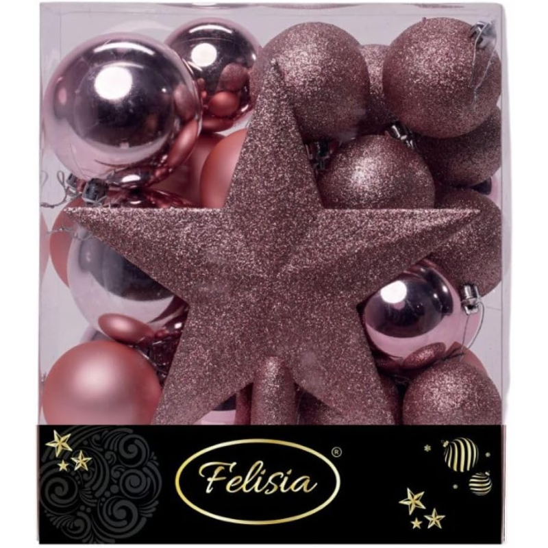 Christmas Box 31 Pezzi - Sfere di Natale in Plastica Assortite - Rosa