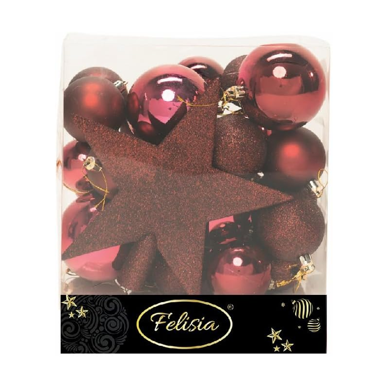 Christmas Box 31 Pezzi - Sfere di Natale in Plastica Assortite - Burgundy