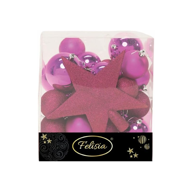 Christmas Box 31 Pezzi - Sfere di Natale in Plastica Assortite - Magenta