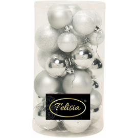 Set 30 Sfere di Natale in Plastica Ø 4/5/6 cm - Assortite (Lucide, Opache, Increspate) - Confezione a Cilindro - Argento