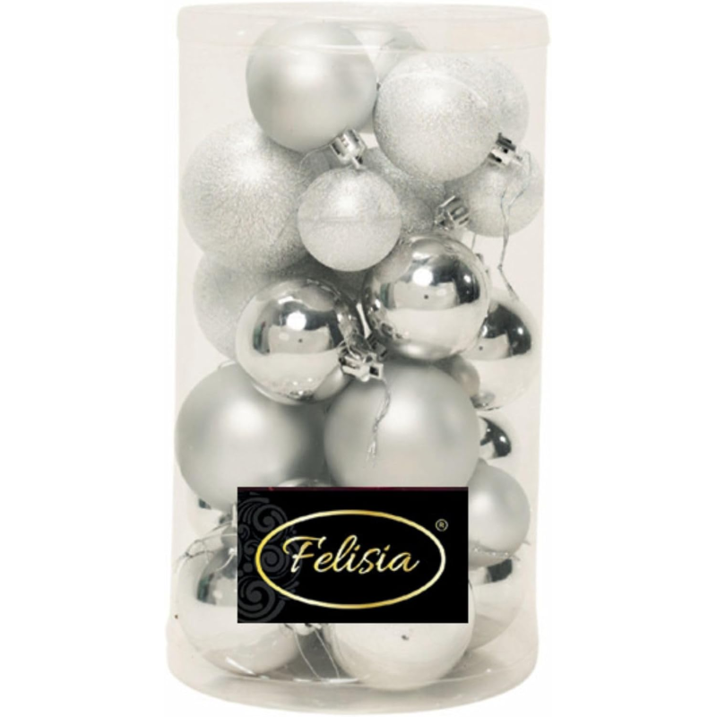 Set 30 Sfere di Natale in Plastica Ø 4/5/6 cm - Assortite (Lucide, Opache, Increspate) - Confezione a Cilindro - Argento