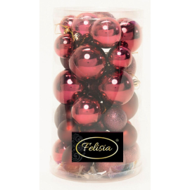 Set 30 Sfere di Natale in Plastica Ø 4/5/6 cm - Assortite (Lucide, Opache, Increspate) - Confezione a Cilindro - Burgundy