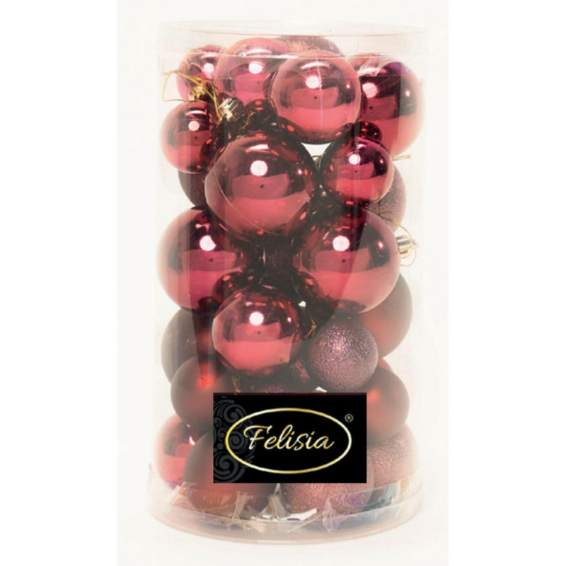 Set 30 Sfere di Natale in Plastica Ø 4/5/6 cm - Assortite (Lucide, Opache, Increspate) - Confezione a Cilindro - Burgundy
