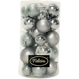Set 30 Sfere di Natale in Plastica Ø 4/5/6 cm - Assortite (Lucide, Opache, Increspate) - Confezione a Cilindro - Light Grey