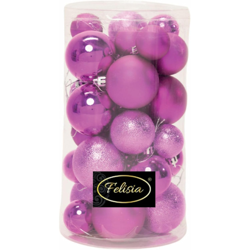 Set 30 Sfere di Natale in Plastica Ø 4/5/6 cm - Assortite (Lucide, Opache, Increspate) - Confezione a Cilindro - Magenta