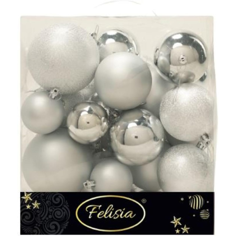 Set di 30 Sfere di Natale in Plastica - Ø 6/8/10 cm - Finiture Lucide, Opache e Increspate - Argento
