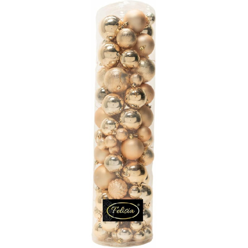 Set di 85 Sfere di Natale in Plastica, Assortite con Diversi Decori Ø 4/5/6/7/8 cm - Confezione Cilindrica - Oro